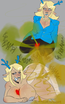 anthro antlers areola beaded_jewelry beaded_necklace beads bed_covers bedding big_breasts blonde_hair blue_eyes blue_lips blue_nose blush bodily_fluids bottomwear breasts cleavage clenched_teeth clothed clothing collared_shirt dress_shirt dutch_oven eyeliner fart fart_cloud fart_fetish female frown green_fart_cloud grey_areola grey_background grey_nipples grin hair horn inviting inviting_under_covers jewelry lips looking_at_viewer looking_away lying makeup mature_anthro mature_female medium_hair necklace nipples nude on_side onomatopoeia pants raised_arm seductive shirt simple_background sitting smelly smile smiling_at_viewer solo sound_effects straining sweat sweaty_breasts sweaty_face tan_body teeth text thick_thighs topwear wide_hips yellow_fart_cloud gastr0punk deltarune undertale_(series) carol_holiday soul_(deltarune) deer mammal new_world_deer reindeer 2025 digital_drawing_(artwork) digital_media_(artwork) hi_res multiple_scenes