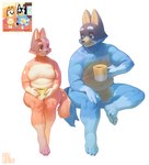 4_fingers 4_toes anthro blue_body blue_eyes blue_fur breasts brown_body brown_eyes brown_fur coffee_mug collarbone duo eye_contact eyebrows featureless_breasts featureless_crotch feet female fingers fur gloves_(marking) hand_on_knee hand_on_leg inner_ear_fluff leg_markings looking_at_another male markings navel nude orange_body orange_fur smile smiling_at_another smiling_at_each_other socks_(marking) tan_body tan_fur thick_thighs toes tuft aruurara bluey_(series) bandit_heeler chilli_heeler australian_cattle_dog canid canine canis cattledog domestic_dog herding_dog mammal pastoral_dog 2025 hi_res