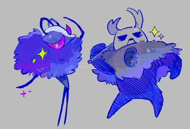 antennae_(anatomy) anthro biped duo empty_eyes fur grey_background male neck_tuft open_mouth pose purple_eyes simple_background sparkles standing tuft blipbugbug hollow_knight:_silksong hollow_knight_(franchise) team_cherry grey_prince_zote_(hollow_knight) trobbio_(hollow_knight:_silksong) arthropod hi_res