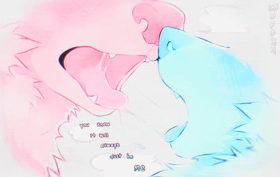 ambiguous_gender blue_body bodily_fluids breath canine_teeth duo fangs lyrics pink_body saliva saliva_on_tongue saliva_string teeth tongue tongue_out wuff34 canid canine canis mammal digital_media_(artwork)