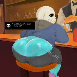 anthro bar bartender big_butt black_sclera bodily_fluids bone bottomwear butt butt_cleavage clothing duo ectoplasm fire furniture glass hoodie looking_at_viewer looking_back looking_back_at_viewer male male/male shorts sitting skeleton smile solo_focus sweat sweaty_butt text topwear moonydoony undertale undertale_(series) grillby sans_(undertale) animated_skeleton elemental_creature elemental_humanoid fire_creature fire_humanoid humanoid undead 1:1 absurd_res english_text hi_res