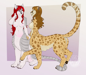 5_fingers areola black_nose breasts brown_hair duo eyebrows eyelashes female fingers fur grey_body grey_fur hair hand_holding multi_breast nipples red_eyes red_hair smile teats thecatnamedfish felid feline leopard mammal pantherine taur 2021 absurd_res digital_media_(artwork) hi_res