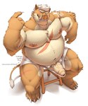 2024 anthro averagezebraboy balls barely_contained belly big_belly big_penis brown_body clothed clothing foreskin genitals grin hi_res high-angle_view humanoid_genitalia humanoid_penis kemono looking_at_viewer male mammal moobs navel nipples one_eye_closed overweight overweight_male penis scar sitting smile solo suid suina sus_(pig) tenting topless topless_male tusks underwear unretracted_foreskin wild_boar wink