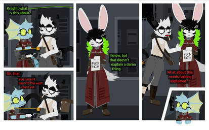 accessory anthro brotherhood_of_steel_(fallout) clothed clothing comic_panel dialogue eyewear female frill_(anatomy) glasses green_hair group gun hair hair_accessory hairpin holding_gun holding_object holding_ranged_weapon holding_weapon horn male ranged_weapon text trio uniform weapon dog_brained fallout microsoft eddy_(dog_brained) knight_marsu_(dog_brained) scribe_gizmo_(dog_brained) humanoid lagomorph leporid mammal rabbit absurd_res comic digital_media_(artwork) english_text hi_res
