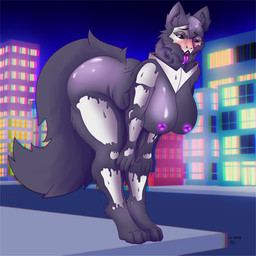 anthro armor bent_over big_breasts big_tail black_body blush bone bone_mask breasts city city_background female fluffy fluffy_tail galatine_(slimeyteeth) hands_on_legs inverted_nipples looking_at_viewer mask neck_guard neck_tuft night nipples open_mouth purple_tongue skull skull_mask solo street_corner tail thick_thighs tongue tongue_out tuft white_eyes srspookyart black_latex_(changed) goo_creature 1:1 hi_res