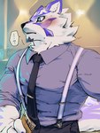 anthro blue_eyes blush clothing dress_shirt ellipsis facial_markings fur head_markings male markings muscular muscular_male necktie questioning_ellipsis shirt solo suspenders topwear white_body white_fur kozumetako lifewonders live_a_hero sadayoshi canid canine mammal 3:4 hi_res