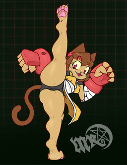 anthro bandage bandaged_arm brown_body brown_fur camel_toe claws clothed clothing fangs female fighting_pose finger_claws fist fur genital_outline high_kick kick looking_at_viewer magenta_eyes martial_arts_uniform on_one_leg one_foot_raised pawpads pose simple_background smile solo sportswear spread_legs spreading standing teeth thighs_spread toe_claws tongue tongue_out vulva_outline whiskers yellow_sclera mistress_ruby_(artist) gameoverse glitch_productions kit_bodega animal_humanoid cat_humanoid domestic_cat felid felid_humanoid feline feline_humanoid felis humanoid mammal mammal_humanoid 2026 hi_res