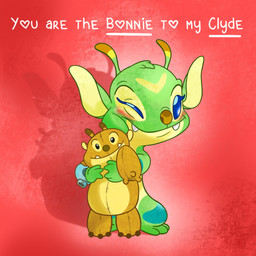 3_toes antennae_(anatomy) anthro arm_markings blue_eyes blush brown_nose cute_fangs eyelashes face_squish facial_markings fangs feet female forehead_markings fur green_body green_fur head_markings head_tuft heart_symbol holding_object holding_plushie holidays hug hugging_object hugging_plushie leg_markings markings multicolored_antennae plushie red_background simple_background smile solo squish standing teal_markings teeth text toes toony tuft troytheartboy disney lilo_and_stitch valentine's_day bonnie_(lilo_and_stitch) clyde_(lilo_and_stitch) alien experiment_(lilo_and_stitch) inanimate_object 1:1 2026 english_text hi_res