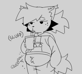 anthro belly beverage bottomwear clothing drinking eyebrows freckles fur hair hand_in_pocket holding_object hoodie male onomatopoeia pants partially_covered_belly pockets ponytail simple_background slightly_chubby solo sound_effects standing text topwear weight_gain_sequence keno9988 kapi_(paperkitty) domestic_cat felid feline felis mammal monochrome