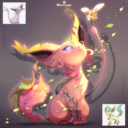 ambiguous_gender duo feral forehead_gem fur gem insect_wings one_eye_closed paws plant purple_body purple_eyes purple_fur simple_background sitting size_difference tail text vines wings yellow_body leoiruga nintendo pokemon cutiefly eeveelution elemental_creature espeon flora_fauna generation_2_pokemon generation_4_pokemon generation_7_pokemon hybrid leafeon pokemon_(species) 1:1 2025 english_text hi_res reference_image signature