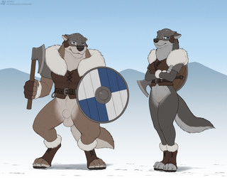 4_toes 5_fingers animal_genitalia anthro armor axe balls bottomless bottomless_anthro bottomless_female bottomless_male breasts clothed clothed_anthro clothed_female clothed_male clothing duo feet female fingerless_gloves fingers fur genitals gloves grey_body grey_fur handwear headgear helmet hindpaw humanoid_hands male navel paws sheath shield snow standing tail toes jishinu canid canine canis mammal wolf 5:4 hi_res