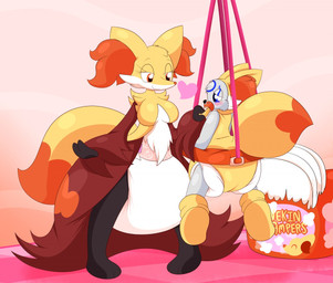 ageplay ambiguous_gender anthro baby_bouncer box clean_diaper clothed clothing container costume diaper diaper_package diaper_under_clothing diaper_under_pseudo_clothing duo exposed_diaper female fennekin_costume fur heart_symbol infantilism inner_ear_fluff pacifier pokemon_costume pseudo_clothing roleplay suspension tuft wearing_diaper white_body white_fur yellow_body yellow_fur sir-dancalot nintendo pokemon canid canine delphox fennekin generation_6_pokemon mammal pokemon_(species)