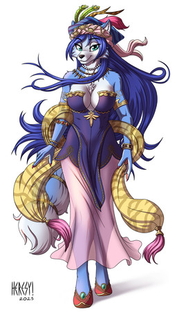 accessory anthro arm_tuft armlet big_breasts blue_body blue_fur blue_hair bracelet breasts chest_tuft cleavage clothed clothing cosplay crossover_cosplay dipstick_tail dress eyebrow_through_hair eyebrows eyelashes female footwear fur furgonomics green_eyes hair inner_ear_fluff jewelry long_hair markings necklace ring shoes shoulder_tuft solo tail tail_accessory tail_jewelry tail_markings tail_ring translucent translucent_clothing translucent_hair tuft white_body white_fur heresy_(artist) krystal_appreciation_month mana_(series) nintendo square_enix star_fox trials_of_mana belladonna_(trials_of_mana) krystal_(star_fox) canid canine fox mammal 2025 9:16 crossover hi_res