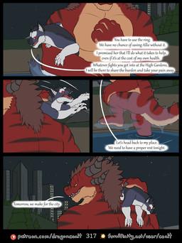 4_panel_comic anthro black_stripes carrying_another dialogue duo emerging fluffy fluffy_tail fur furaffinity_logo green_eyes grey_body grey_fur hug male night open_mouth outside page_number patreon_logo pecs plant red_body red_eyes red_fur scared serious shoulder_carry size_difference sky skyline smile smiling_at_another speech_bubble spiked_tail spikes spikes_(anatomy) standing star starry_sky stripes tail tan_body tan_fur tempting text tree wet wet_body wet_fur rimentus furaffinity mythology patreon coalt kharl_(rimentus) canid canine canis dragon furred_dragon furred_scalie mammal mythological_creature mythological_scalie scalie wingless_dragon wolf comic english_text hi_res multiple_scenes url