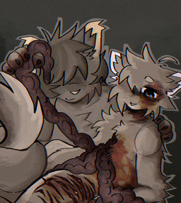 ambiguous_gender anthro biped blood bodily_fluids claws duo fur gore guts hair hair_over_eyes intestines organs paws self-harm simple_background smile tail wounded mvmvrkio domestic_cat felid feline felis mammal 2025 chromatic_aberration digital_drawing_(artwork) digital_media_(artwork) shaded