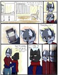 anthro black_body black_fur border canid canine cellphone chair comic curtains dialogue duo electronics english_text felid feline fox fur furniture grey_body grey_fur hi_res holding_object holding_phone inside kitchen male mammal phone scarf starrffax starrffax_(fox_sona) text white_border