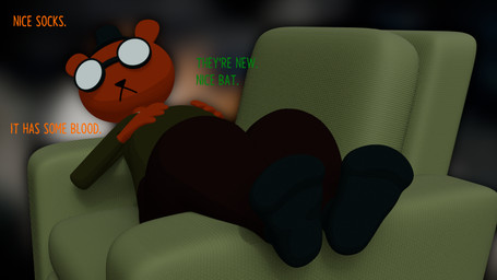 anthro armchair chair clothing dialogue eyewear feet female footwear furniture glasses male offscreen_character paws resting resting_on_armchair socks solo colonthreeguy night_in_the_woods angus_delaney mae_borowski bear mammal 16:9 3d_(artwork) digital_media_(artwork) hi_res widescreen