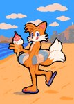 2_tails anthro beach city city_background clothing cloud dessert food footwear footwear_only ice_cream ice_cream_cone inflatable inner_tube looking_at_viewer male mostly_nude mountain multi_tail sand sandals sandals_only shoes skyline smile smiling_at_viewer solo tail ccrichy sega sonic_the_hedgehog_(series) miles_prower canid canine fox mammal digital_media_(artwork) hi_res pixel_(artwork)