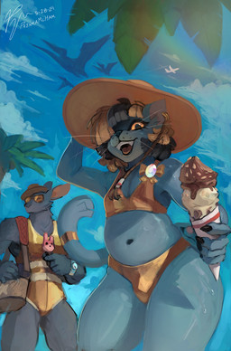 accessory aircraft airplane anthro bag beach bikini bulge clothed clothing cloud crossdressing dessert duo female femboy food furgonomics gold_bikini hair hand_on_head happy hat headgear headwear ice_cream jewelry looking_at_viewer male male/female multicolored_hair palm_tree plant smile sun_hat swimwear tail tail_accessory tail_jewelry tree two-piece_swimsuit two_tone_hair vehicle wet pajamamcham jaspar_(pajamamcham) trudy_(pajamamcham) avian bird domestic_cat felid feline felis mammal