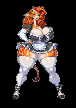 anthro armwear big_breasts breasts bulging_breasts cleavage clothed clothing cloven_hooves curly_hair elbow_gloves female female_anthro front_view glistening glistening_breasts glistening_thighs gloves hair hand_on_hip hand_on_own_hip handwear hooves horn huge_breasts huge_thighs legwear lips maid_uniform narrowed_eyes ossicone red_hair smile solo squish thick_thighs thigh_highs thigh_squish unguligrade uniform wide_hips bleedglaze giraffe giraffid mammal hi_res