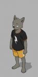 anthro biped bottomwear canid canine canis clothing domestic_dog fffffolder fur grey_background hi_res male mammal plantigrade shirt shorts simple_background solo t-shirt topwear young young_anthro