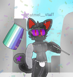 anthro asian_clothing black_body black_fur bodily_fluids clothed clothing confetti east_asian_clothing fundoshi fundoshi_only fur heat_(temperature) japanese_clothing lgbt_pride male nipple_piercing nipples piercing pole pride_colors purple_eyes red_eyes solo sweat sweatdrop topless underwear underwear_only vincian_pride_colors catmel_stuff lgbt_pride_month catmelstuffagin bat felid hybrid mammal procyonid raccoon hi_res