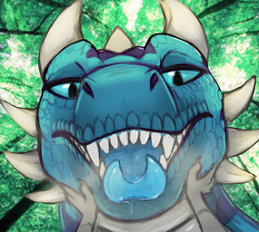 ambiguous_gender black_claws blue_body blue_eyes blue_scales bodily_fluids cheek_horn claws drooling duo faceless_ambiguous faceless_character fangs feral finger_claws forest forked_tongue front_view grey_body grey_scales horn mouth_shot narrowed_eyes no_sclera open_mouth outside plant pupils saliva scales slit_pupils solo_focus teeth tongue tree unsigned white_horn acidic mythology dragon mythological_creature mythological_scalie scalie