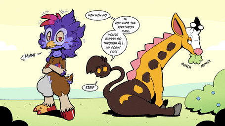 beak blue_eyes brown_body brown_fur claws cloven_hooves dialogue duo eating feathers feet fur hooves living_tail markings mask mask_transformation orange_beak orange_sclera pink_nose purple_body purple_feathers red_eyes red_hooves sharp_teeth speech_bubble spikes spikes_(anatomy) spots spotted_body spotted_fur tail tail_head talons teeth text toe_claws toes transformation twinning unusual_anatomy unusual_tail wearing_mask yellow_body yellow_fur trevor-fox nintendo pokemon the_legend_of_zelda kyp_(character) trevor-fox_(character) avian deer generation_2_pokemon girafarig mammal pokemon_(species) rito 16:9 english_text hi_res widescreen