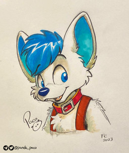 anthro arm_tuft blue_eyes blue_hair blue_inner_ear blue_nose cheek_tuft chest_tuft collar facial_tuft fangs front_view fur glistening glistening_eyes hair logo looking_at_viewer male male_anthro open_mouth open_smile red_collar shoulder_tuft simple_background smile solo teeth tuft white_background white_body white_fur young young_anthro young_male pandapaco canid canine mammal 2023 artist_logo bust_portrait dated portrait signature