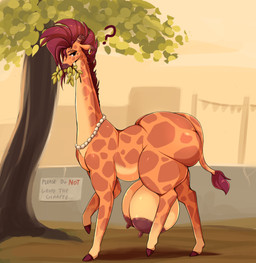 areola big_areola big_butt big_teats brown_areola brown_nipples butt crotch_breasts ear_piercing ear_ring eating female feral feralized hair hooves horn huge_areola huge_butt huge_teats jewelry leaf long_neck markings necklace nipples ossicone piercing plant quadruped question_mark red_hair ring_piercing side_view sign solo spots spotted_body tail tan_body teats text thick_thighs tree unguligrade cracker_(artist) giraffe_mom giraffe giraffid mammal english_text