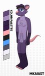 accessory anthro balls blue_eyes clothing color_swatch eyebrows feet fluffy fluffy_balls foreskin fur genitals hair hat headgear headwear male nipples penis purple_body purple_fur purple_hair smile solo standing tail visor_cap mkaiast american_opossum mammal marsupial absurd_res hi_res model_sheet