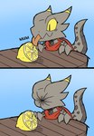 2024 2koma anthro belly_scales big_tail biped blep blue_background claws coal_(rakkuguy) comic digital_drawing_(artwork) digital_media_(artwork) female flat_colors food fruit furniture grey_body grey_scales hi_res horn horn_jewelry horn_ring humor jagged_mouth jewelry kobold lemon licking long_tail monotone_body monotone_scales plant pupils rakkuguy red_scarf ring_(jewelry) scales scalie scarf simple_background sketch slit_pupils solo sour_face table tail tapering_tail thick_tail tongue tongue_out yellow_sclera