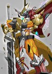 anthro armor battle_damage hair headgear helmet male melee_weapon muscular muscular_anthro muscular_male red_hair solo sword weapon wounded sutunununu bandai_namco digimon digimon_(species) victorygreymon hi_res