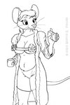 anthro bathrobe bottomwear bow_(ribbon) breasts clothing coffee_mug female fur gender_symbol gift hair holidays male_symbol ribbons robe shorts solo symbol whiskers cybercorn_entropic christmas cynthia_boggs mammal mouse murid murine rodent 2020 2:3 monochrome