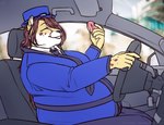 anthro black_nose blue_clothing blue_hat blue_headwear blue_jacket blue_topwear car clothing dessert detailed_background doughnut driving eating eyes_closed female food fur hair hat headgear headwear holding_food holding_object jacket long_hair necktie overweight overweight_female pastry purple_hair purple_spots smile spots steering_wheel teeth topwear vehicle white_body white_dress_shirt white_fur yellow_body yellow_fur aucherr cheetah felid feline mammal 2024 hi_res