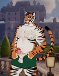 anthro ball_tuft balls belly birthmark body_hair chest_hair erection exhibitionism exposed foreskin genitals male markings nipples overweight overweight_male pecs penis presenting pubes public public_exposure solo stripes tuft vein veiny_penis orangemaniacc epic_games fortnite oscar_(fortnite) felid mammal pantherine tiger hi_res