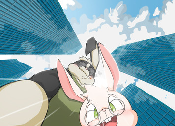anthro black_body black_ears black_fur buckteeth building cigarette cigarette_in_mouth city clothed clothing cloud duo eyes_closed eyewear fur glasses green_clothing green_eyes green_shirt green_tank_top green_topwear hair happy long_ears low-angle_view male multicolored_body multicolored_fur object_in_mouth pink_nose shirt sky smoking standing tan_body tan_fur tan_hair tank_top teeth tongue topwear two_tone_body two_tone_fur white_body white_ears white_fur white_hair worm's-eye_view young young_anthro young_male luca1008 ben_(luca1008) luca_(luca1008) lagomorph leporid mammal rabbit 2023 absurd_res digital_media_(artwork) hi_res nephew_(lore) uncle_(lore) uncle_and_nephew_(lore)