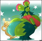 award big_breasts big_butt black_border border breasts butt female green_body huge_butt hyper simple_background solo text trophy yellow_sclera dongwongtang nintendo pokemon mandy_(mobiustheice) generation_5_pokemon humanoid maractus pokemon_(species) 2022 absurd_res hi_res