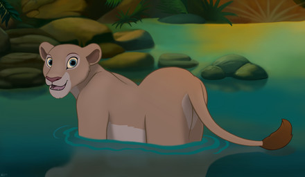 bright_eyes female feral plant reflection ripples rock smile smiling_at_viewer solo sunset tail toony water_background alcosaurusrex disney the_lion_king nala_(the_lion_king) felid lion mammal pantherine absurd_res hi_res