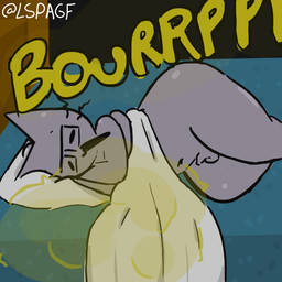 anthro bad_breath bed bedding big_butt blanket burp_cloud burp_fetish burping butt furniture genitals grey_body lying male on_side penis pillow sleeping small_penis snoring solo thick_thighs lspagf axo_(axoarts) domestic_cat felid feline felis mammal 1:1 absurd_res hi_res