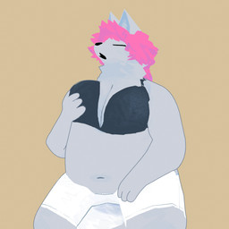 anthro breast_grab breasts female hand_on_breast overweight solo touching_self geijutsu_konran mau_makan_apa exoworo canid canine canis mammal wolf 1:1 hi_res