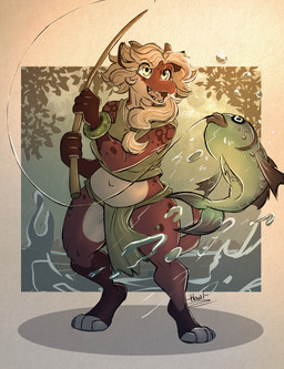 anthro belly fangs female fishing grinding hair red_body red_scales scales solo teeth white_hair howlart perla_(howlart) kobold scalie digital_media_(artwork) hi_res