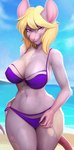 anthro beach big_breasts bikini blonde_hair breasts cleavage clothed clothing cloud day female hair looking_at_viewer midriff navel outside purple_eyes sand sea seaside sky smile solo swimwear two-piece_swimsuit water wide_hips veliren_rey sheila_(irvingwrites) mammal mouse murid murine rodent 2022 absurd_res hi_res