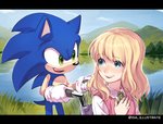 age_difference anthro blonde_hair blue_body blue_eyes clothing disability dress duo female gloves green_eyes hair handwear happy male mostly_nude older_male outside paraplegic pushing smile vehicle water wheelchair young younger_female isa_illustrate sega sonic_the_hedgehog_(series) sonic_x helen_(sonic_x) sonic_the_hedgehog eulipotyphlan hedgehog human mammal hi_res