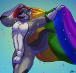 animal_genitalia balls fully_sheathed genitals lgbt_pride male muscular nude pride_colors sheath six-stripe_rainbow_pride_colors solo nudii canid canine canis mammal wolf absurd_res hi_res