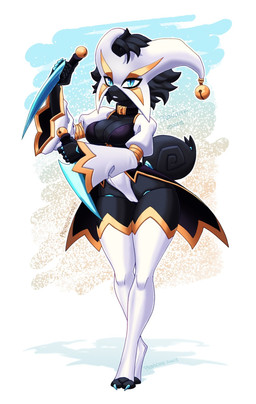 2_toes 5_fingers abstract_background anthro arthropod_abdomen bell black_body black_clothing black_hair blue_eyes blue_markings breasts camel_toe choker cleavage clothed clothing dagger feet female fingers hair holding_object holding_weapon impractical_weapon jewelry jingle_bell leotard looking_at_viewer markings mask melee_weapon necklace non-mammal_breasts shadow short_hair skimpy small_waist solo teeth thick_thighs three-quarter_view toeless_thigh_highs toes wasp_waist weapon white_clothing wide_hips proxicute arthropod insect hi_res