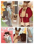 anthro anthro_on_anthro antlers bathrobe bathrobe_only beard blush bodily_fluids body_hair bulge canid canine canis chest_hair clothed clothing comic confident deer detailed_bulge dialogue duo english_text erection erection_under_clothing facial_hair fully_clothed genital_outline hand_on_chin happy_trail hi_res hiding_erection horn inner_monologue leo_(nardodraws) male male/male mammal moose nardodraws nervous new_world_deer nipples partially_clothed penis_outline robe speech_bubble spiral_eyes sweat sweatdrop text tom_(nardodraws) wolf