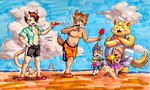 anthro beach blush bottomwear clothing female footwear group male overweight sand sandals sea shoes shorts swimwear toy toy_gun water water_gun young sharktaku1 cyberconnect2 fuga:_melodies_of_steel little_tail_bronx boron_brioche hack_montblanc kyle_bavarois malt_marzipan mei_marzipan canid canine caninu canis domestic_cat domestic_dog felid feline felineko felis mammal absurd_res hi_res