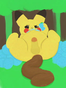 anthro anus eating eating_food feces genitals male navel overweight penis pooping solo spread_legs spreading skattapookie nintendo pokemon generation_1_pokemon pikachu pokemon_(species) absurd_res hi_res