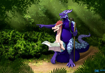 anthro backpack balls balls_on_ground big_balls cock_vore duo forest genitals horn huge_balls hyper hyper_balls hyper_genitalia male male/male map nude open_mouth partially_inside penile penis plant shrub tree vore walking walking_stick owligatorstudios mythology dragon mythological_creature mythological_scalie scalie 2024 hi_res
